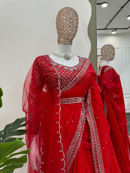 Red Tibby Silk Designer Saree with Pearl Work