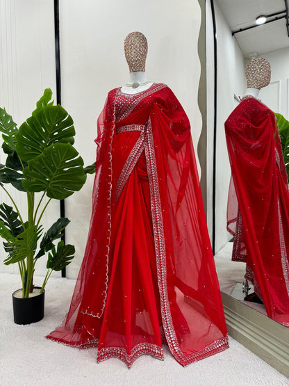 Red Tibby Silk Designer Saree with Pearl Work