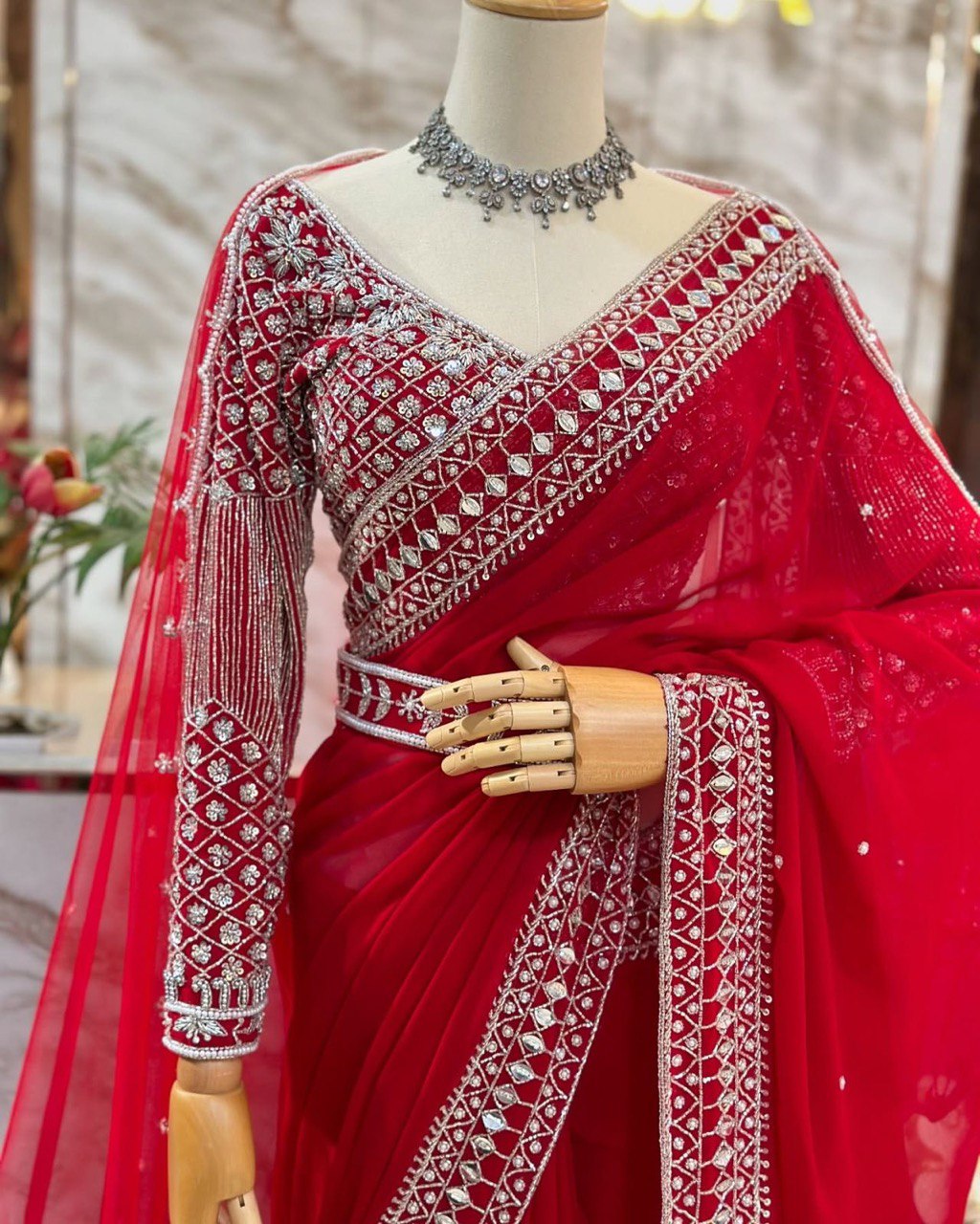Red Tibby Silk Designer Saree with Pearl Work