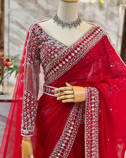 Red Tibby Silk Designer Saree with Pearl Work