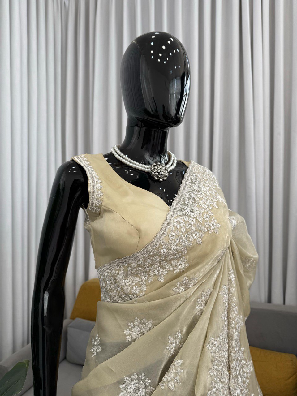 Champagne Beige Jimmy Choo Designer Saree