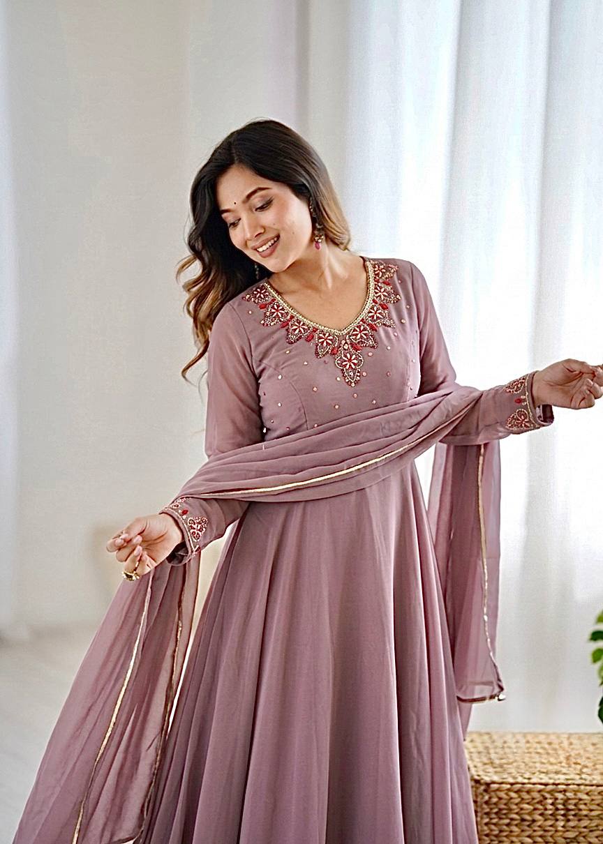 Women’s Fox Georgette Party Wear Anarkali Gown Set with Dupatta & Pant