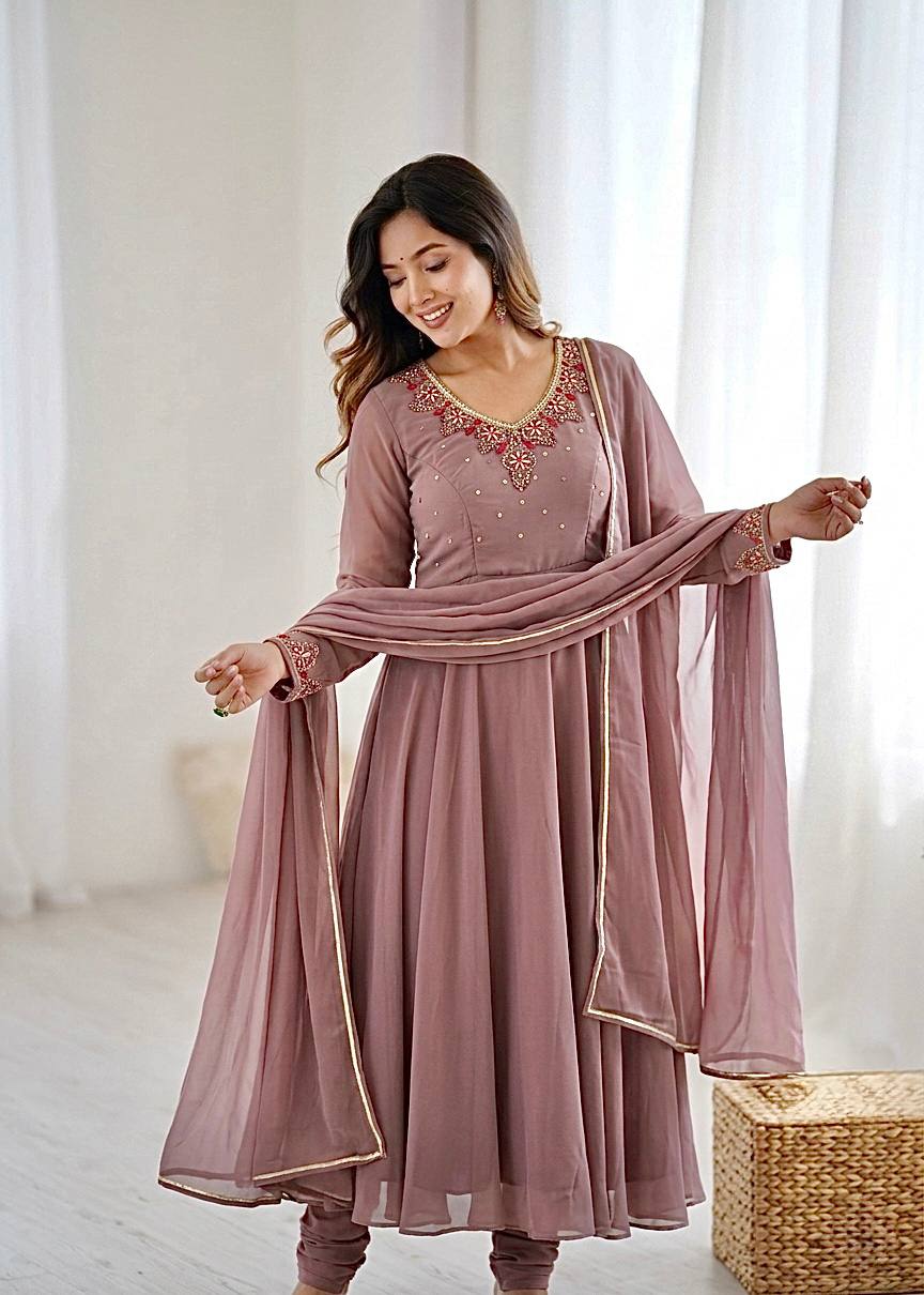 Women’s Fox Georgette Party Wear Anarkali Gown Set with Dupatta & Pant