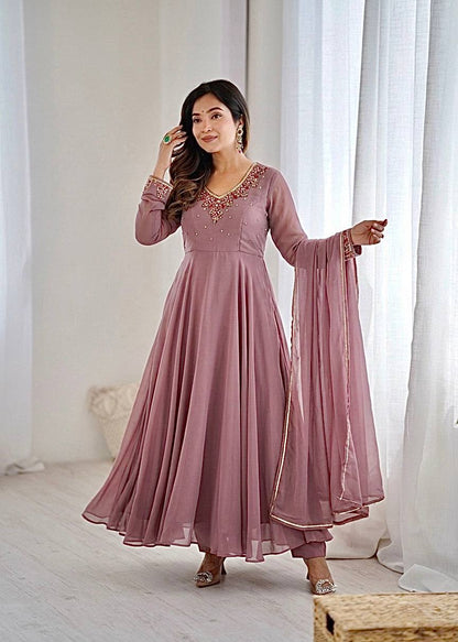 Women’s Fox Georgette Party Wear Anarkali Gown Set with Dupatta & Pant