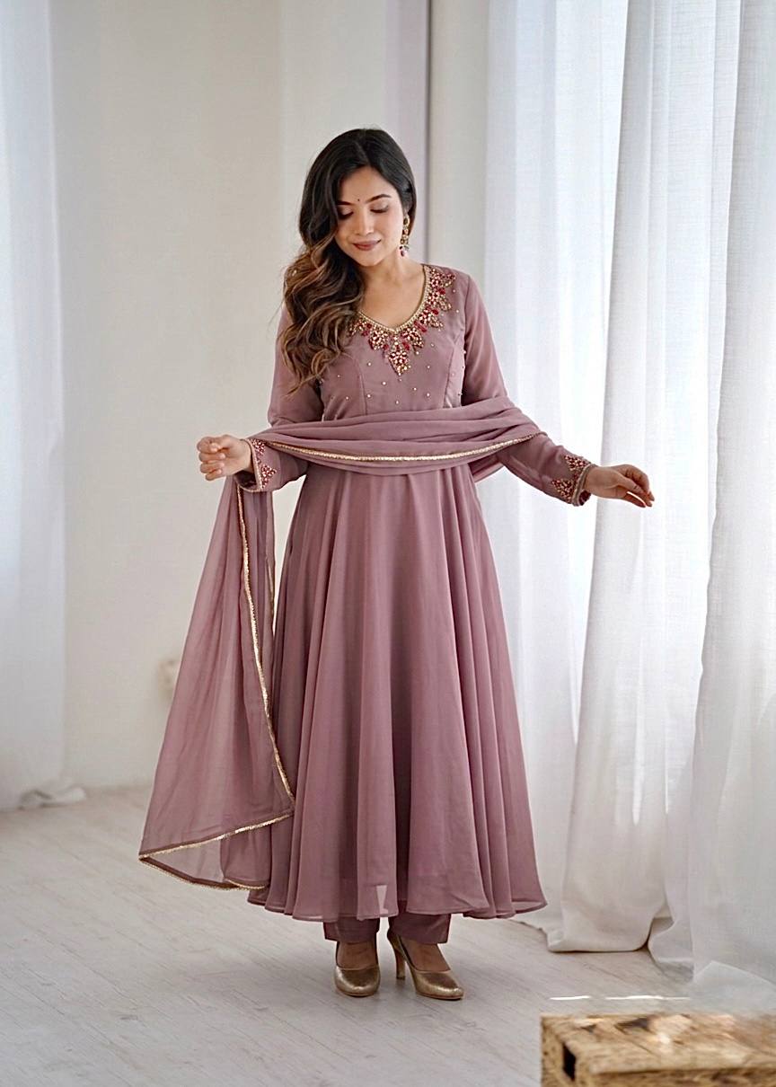 Women’s Fox Georgette Party Wear Anarkali Gown Set with Dupatta & Pant