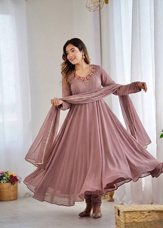Women’s Fox Georgette Party Wear Anarkali Gown Set with Dupatta & Pant