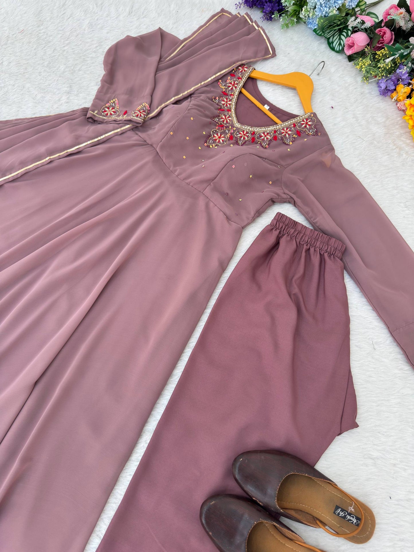 Women’s Fox Georgette Party Wear Anarkali Gown Set with Dupatta & Pant