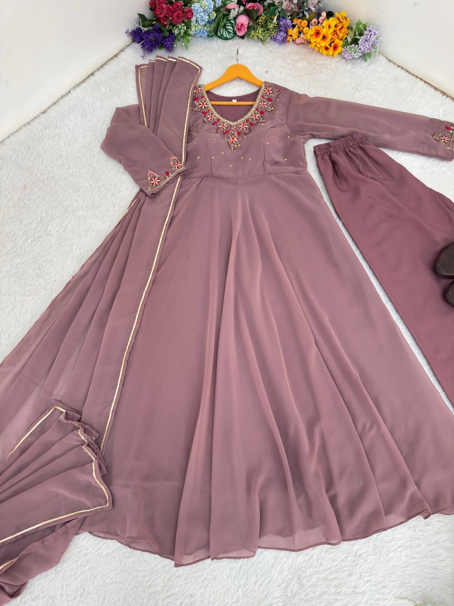 Women’s Fox Georgette Party Wear Anarkali Gown Set with Dupatta & Pant