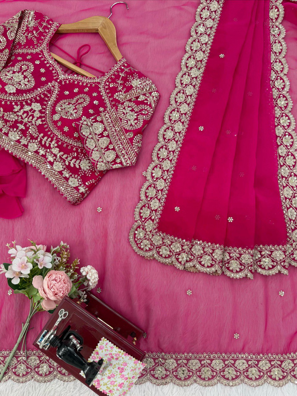 Rani Pink Tibby Silk Designer Saree