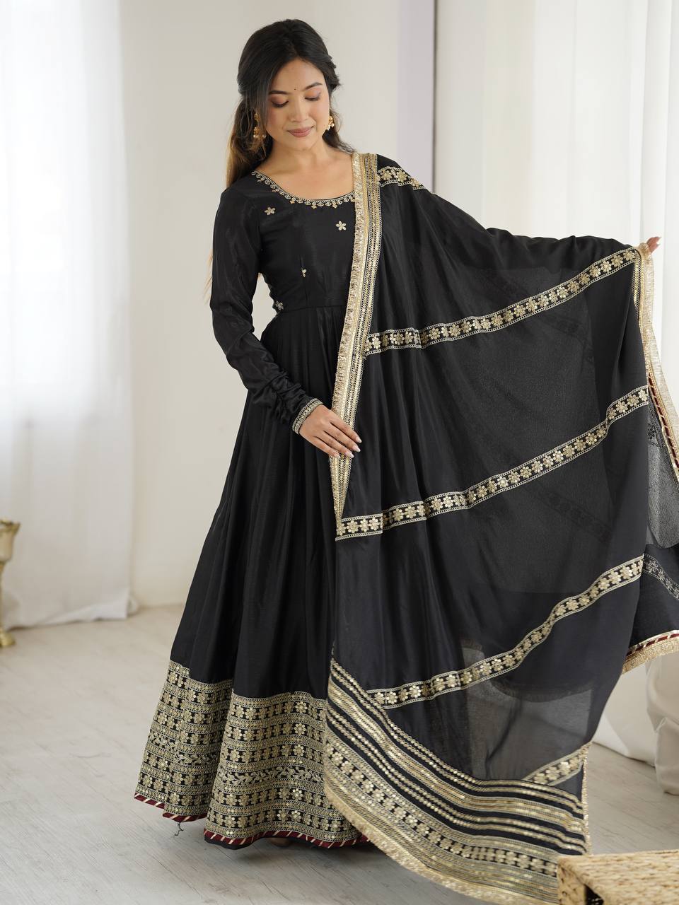 Anarkali Suit with Gold Border & Dupatta