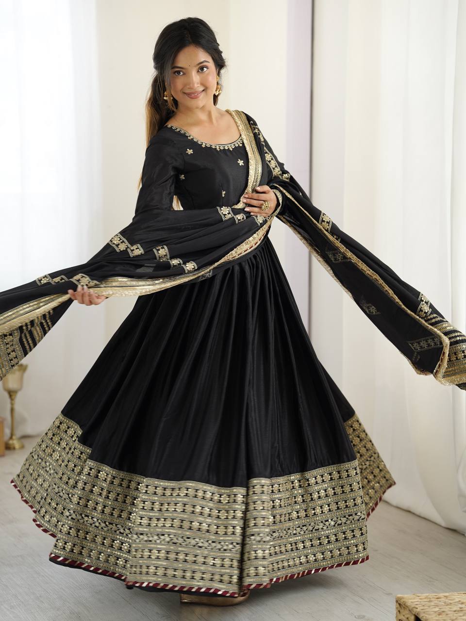 Anarkali Suit with Gold Border & Dupatta