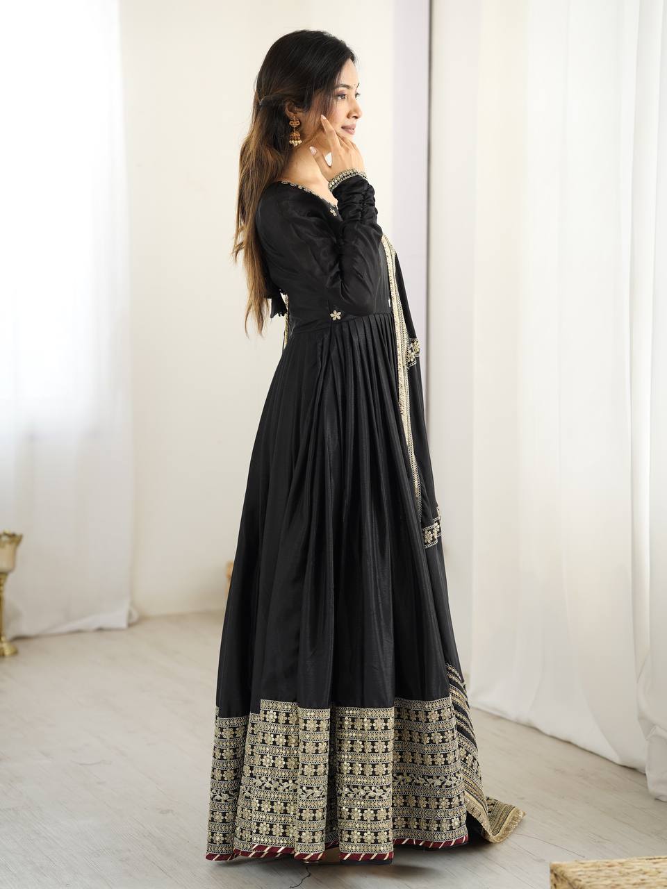 Anarkali Suit with Gold Border & Dupatta