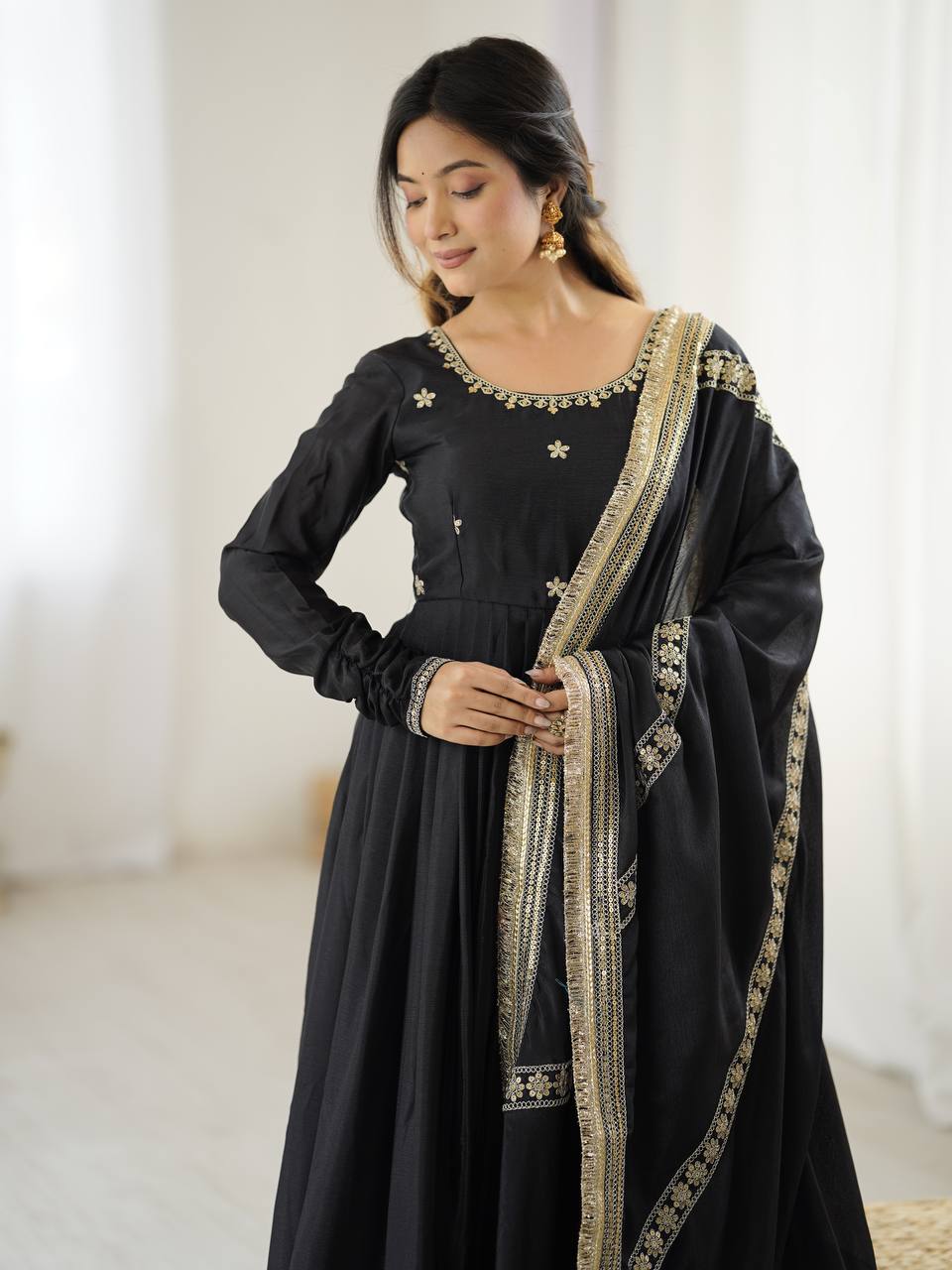 Anarkali Suit with Gold Border & Dupatta