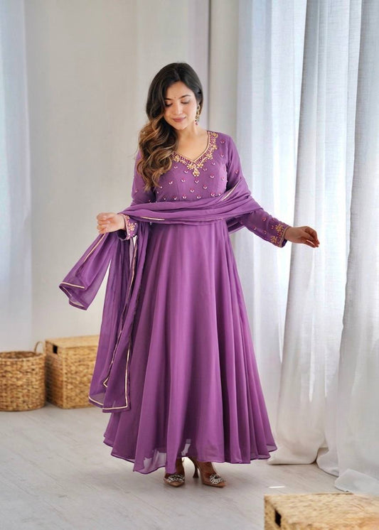 Purple Fox Georgette Party Wear Anarkali Gown Set for Women