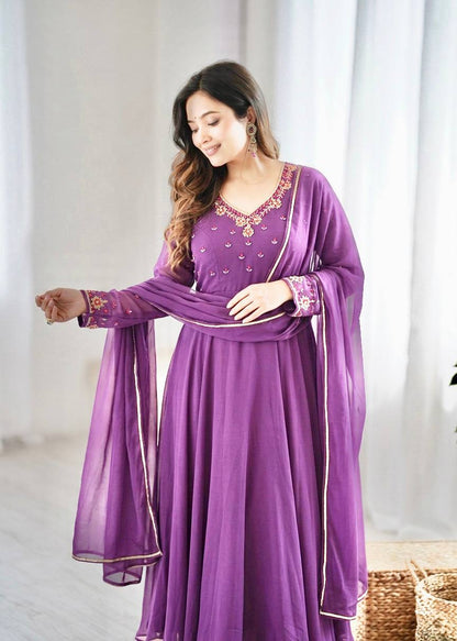 Purple Fox Georgette Party Wear Anarkali Gown Set for Women