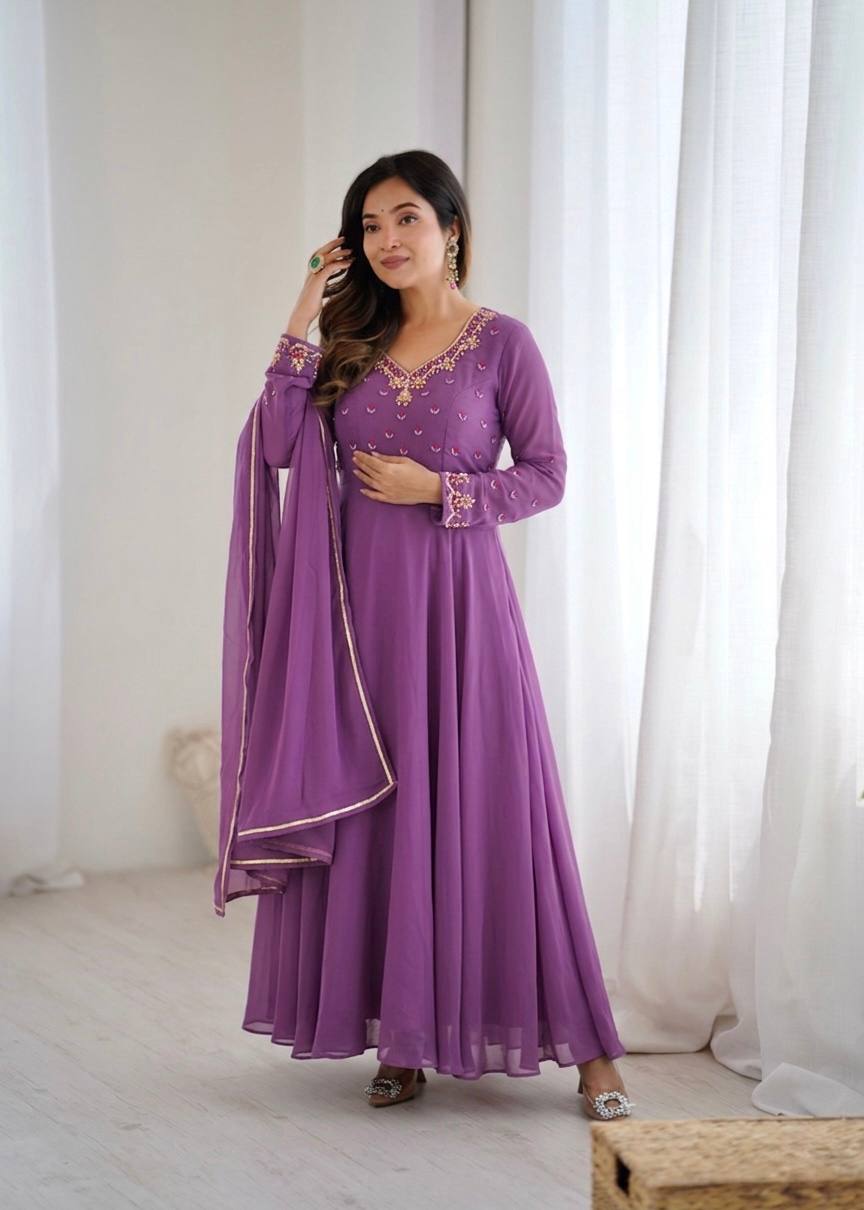 Purple Fox Georgette Party Wear Anarkali Gown Set for Women