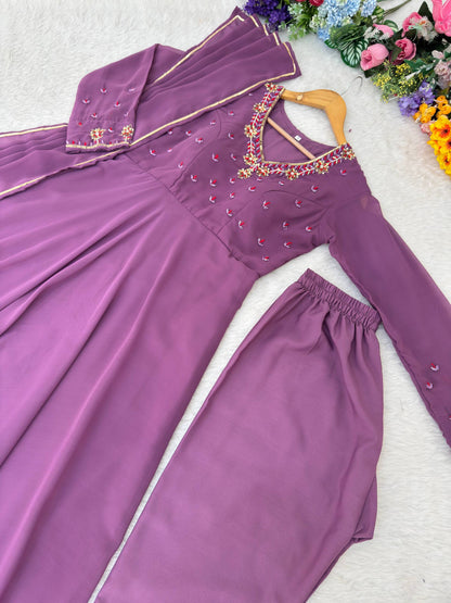 Purple Fox Georgette Party Wear Anarkali Gown Set for Women