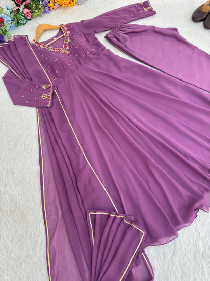 Purple Fox Georgette Party Wear Anarkali Gown Set for Women