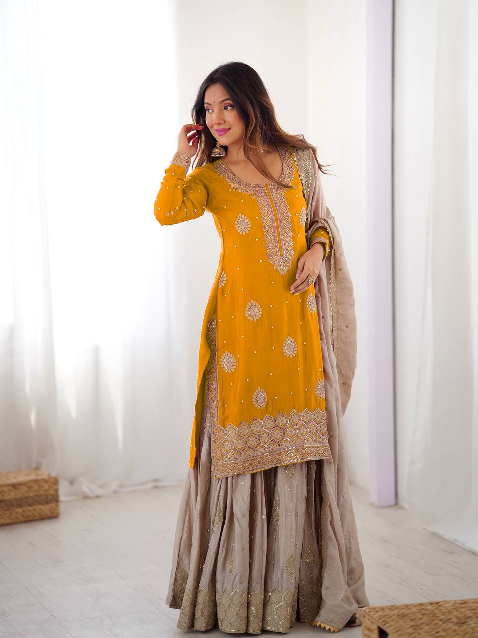 Elegant Embroidered Kurta Sharara Set for Women