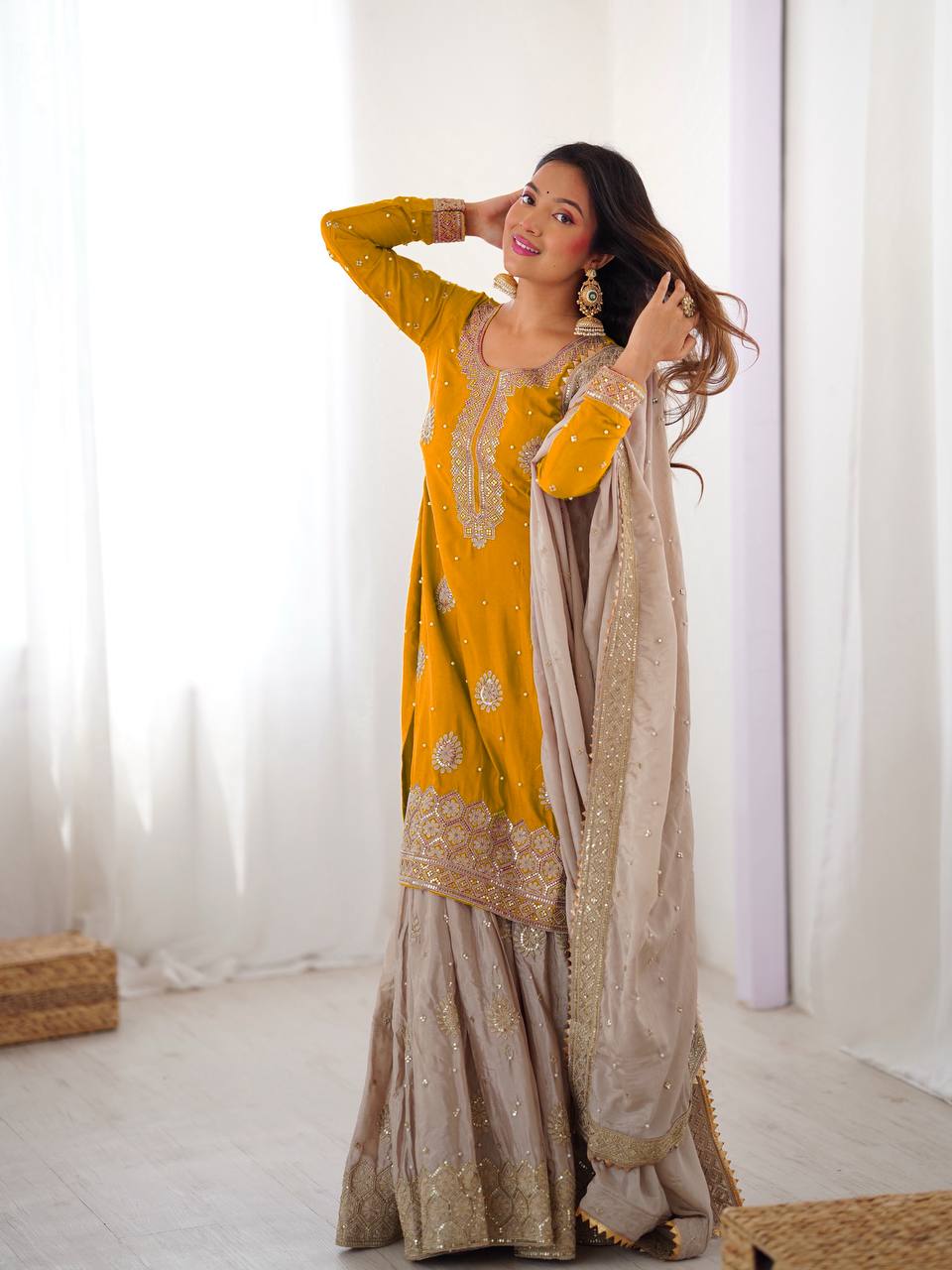Elegant Embroidered Kurta Sharara Set for Women