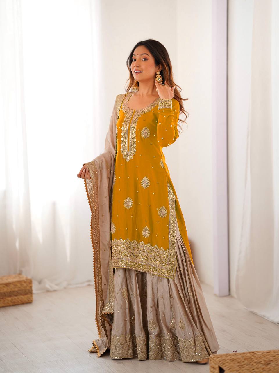 Elegant Embroidered Kurta Sharara Set for Women