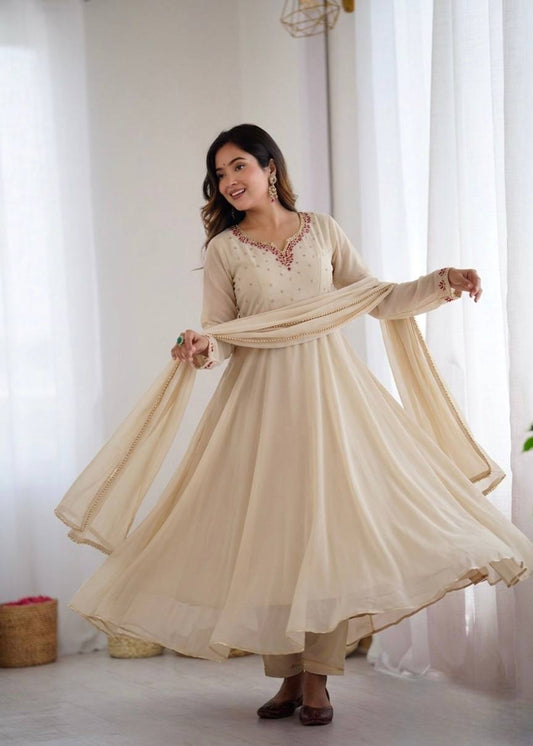 Elegant Cream Fox Georgette Party Wear Anarkali Gown