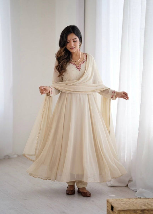 Elegant Cream Fox Georgette Party Wear Anarkali Gown