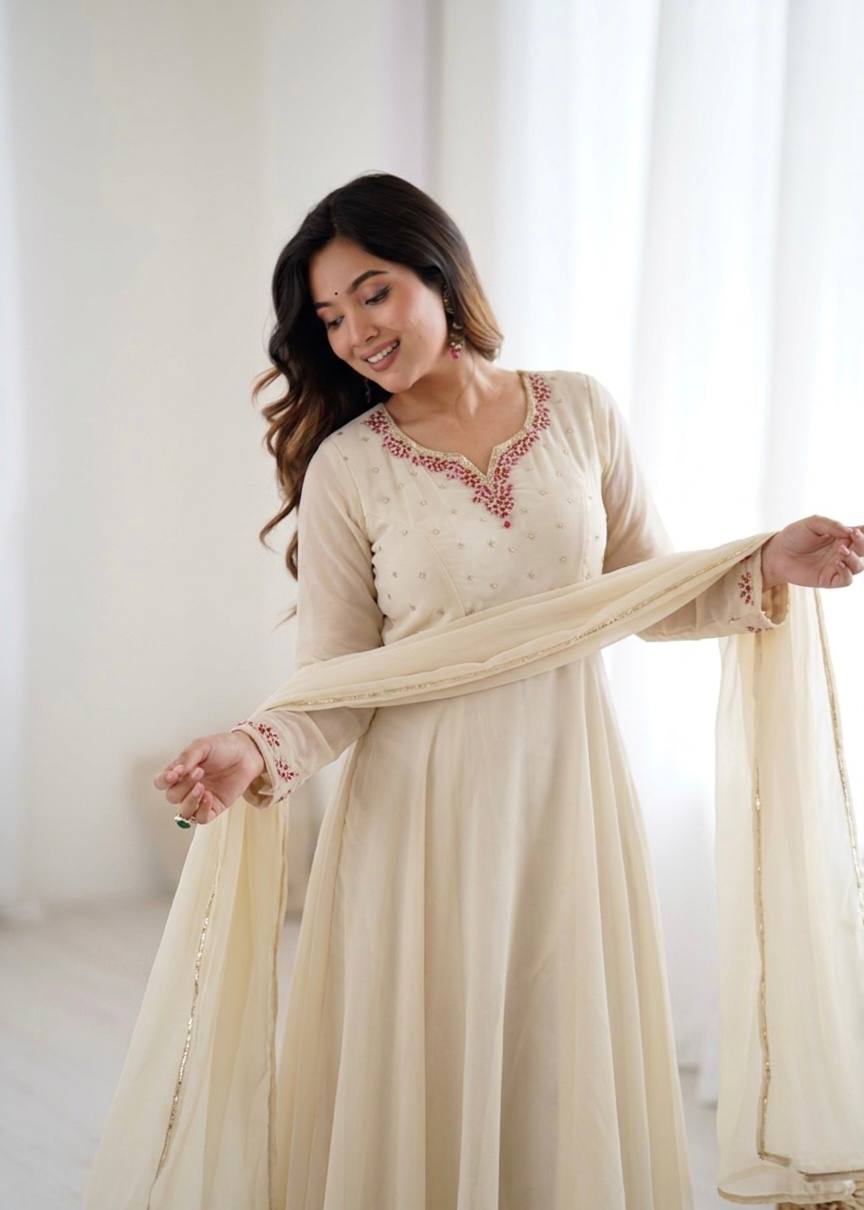 Elegant Cream Fox Georgette Party Wear Anarkali Gown