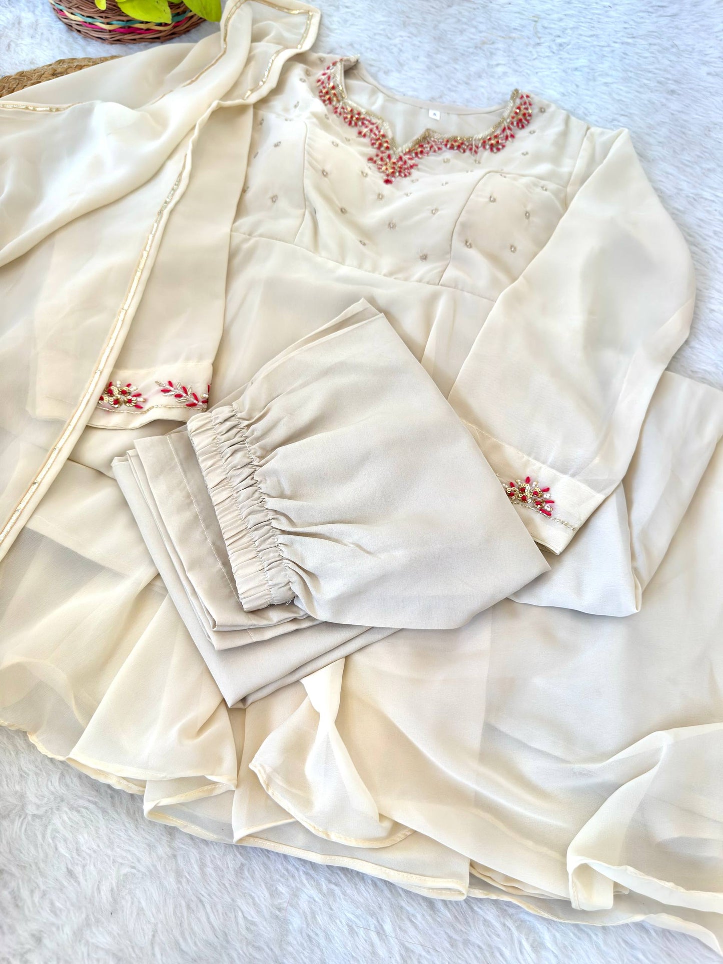 Elegant Cream Fox Georgette Party Wear Anarkali Gown