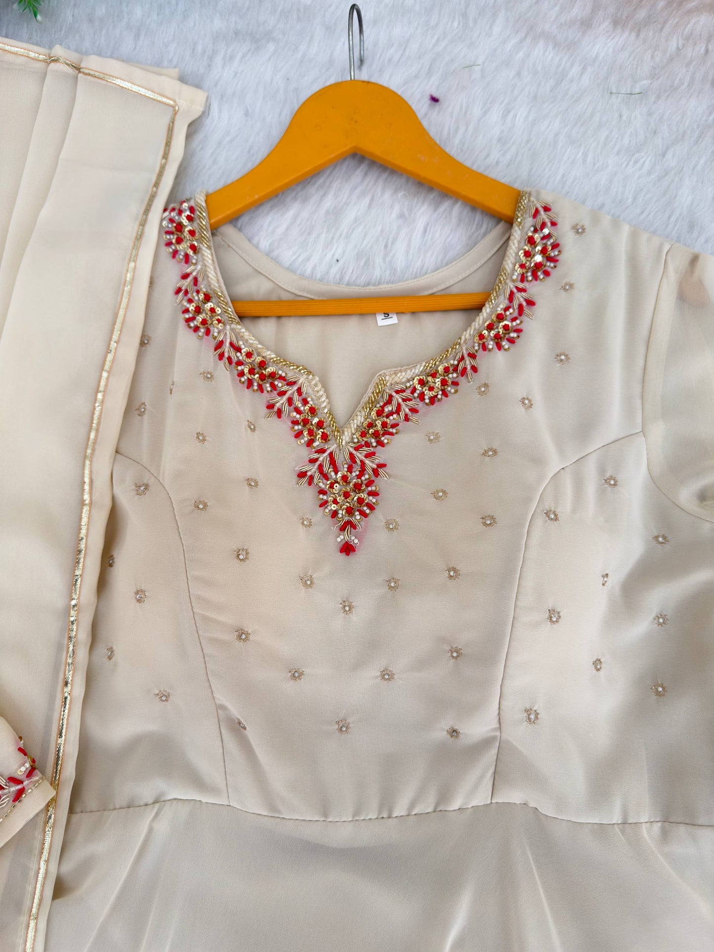 Elegant Cream Fox Georgette Party Wear Anarkali Gown