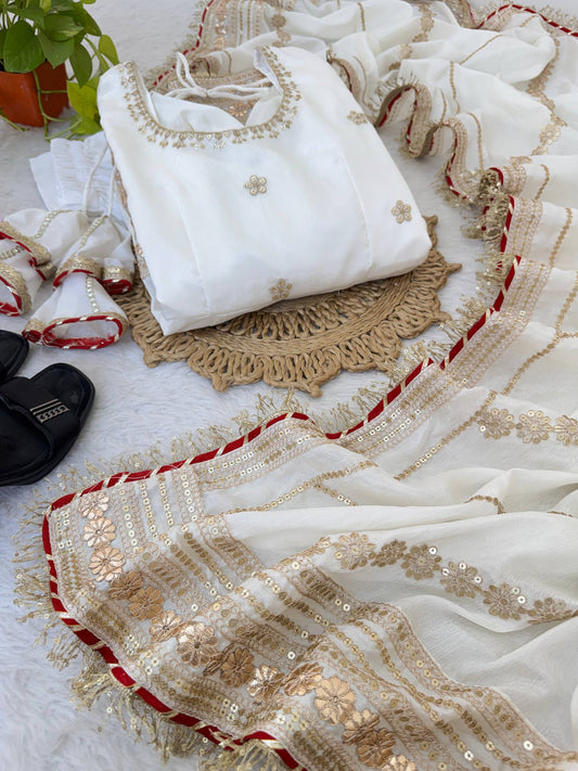 Elegant White Embroidered Anarkali Suit Set with Dupatta