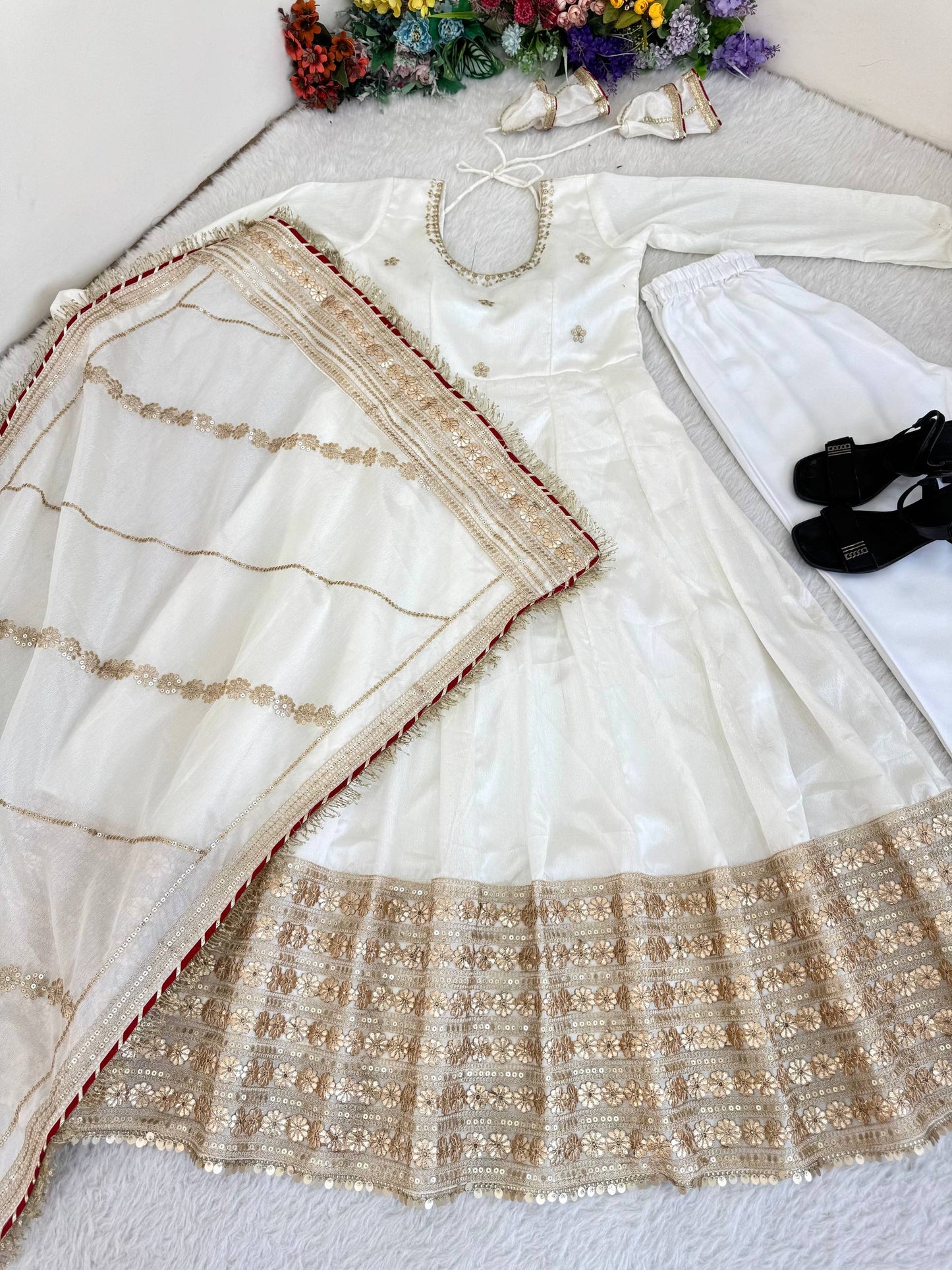Elegant White Embroidered Anarkali Suit Set with Dupatta