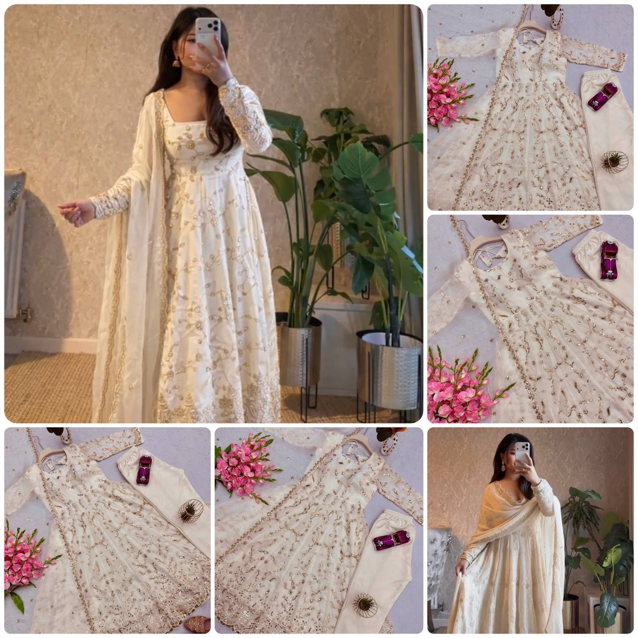 Embroidered Fandy Silk Gown Set with Dupatta & Pant