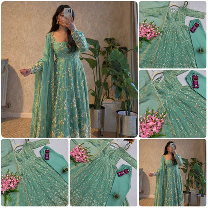 Embroidered Fandy Silk Gown Set with Dupatta & Pant