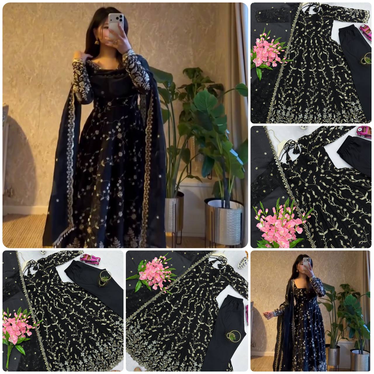 Embroidered Fandy Silk Gown Set with Dupatta & Pant