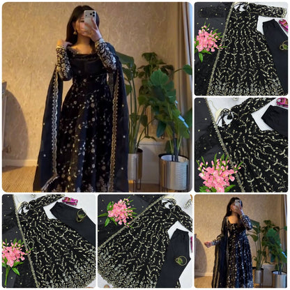 Embroidered Fandy Silk Gown Set with Dupatta & Pant