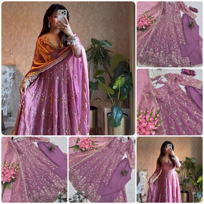 Embroidered Fandy Silk Gown Set with Dupatta & Pant