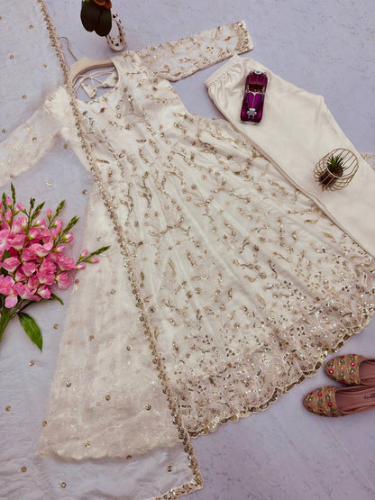 Embroidered Fandy Silk Gown Set with Dupatta & Pant