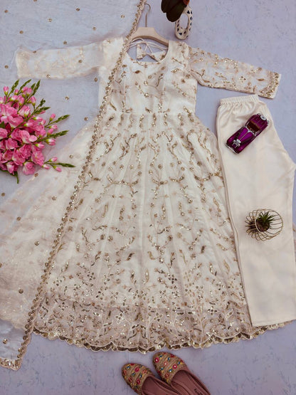 Embroidered Fandy Silk Gown Set with Dupatta & Pant