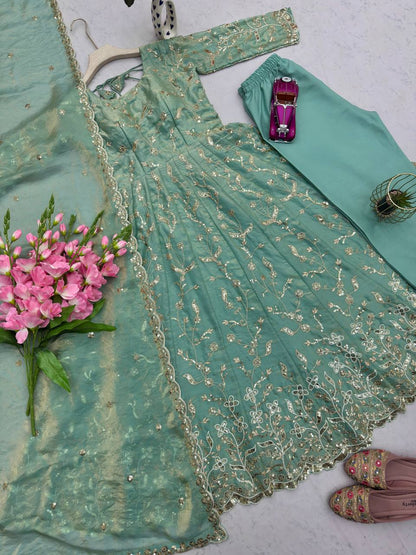 Embroidered Fandy Silk Gown Set with Dupatta & Pant