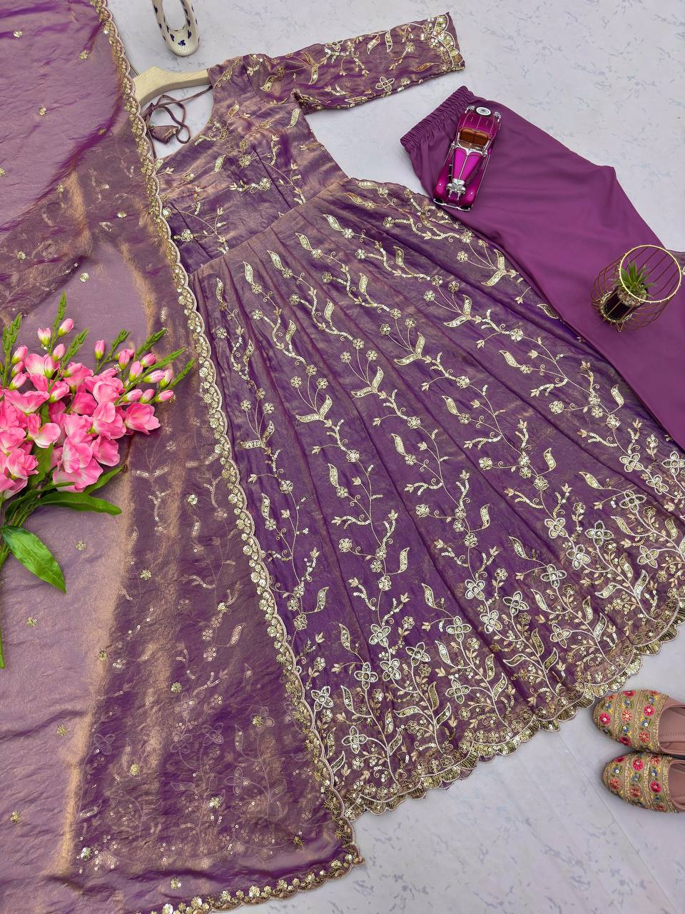 Embroidered Fandy Silk Gown Set with Dupatta & Pant