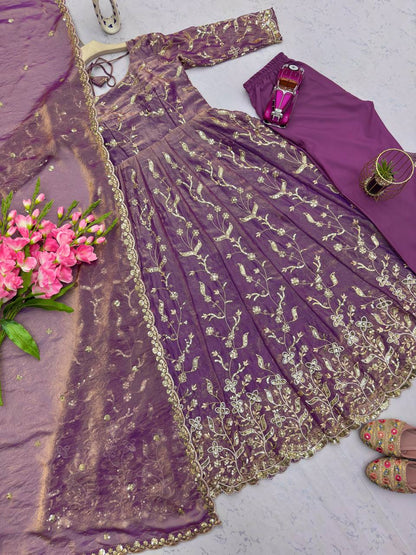 Embroidered Fandy Silk Gown Set with Dupatta & Pant