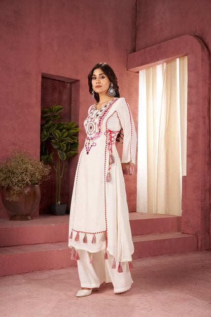 Elegant White Embroidered Kurta Palazzo Set with Tassel Details