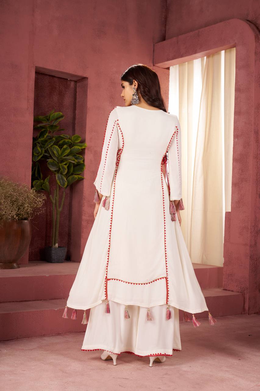 Elegant White Embroidered Kurta Palazzo Set with Tassel Details