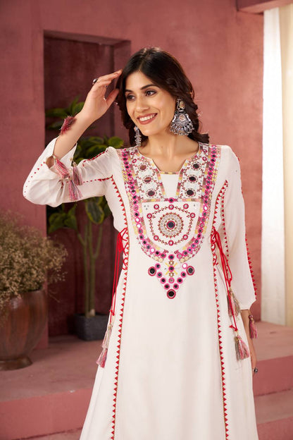 Elegant White Embroidered Kurta Palazzo Set with Tassel Details