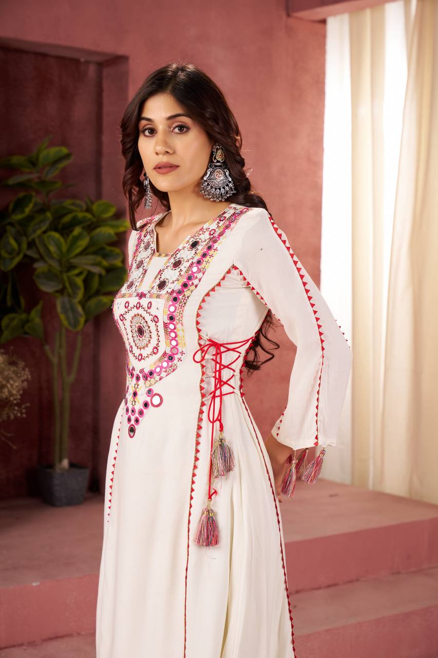 Elegant White Embroidered Kurta Palazzo Set with Tassel Details