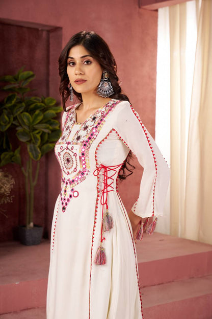 Elegant White Embroidered Kurta Palazzo Set with Tassel Details
