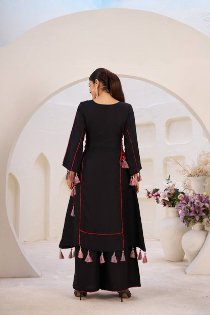 Elegant White Embroidered Kurta Palazzo Set with Tassel Details