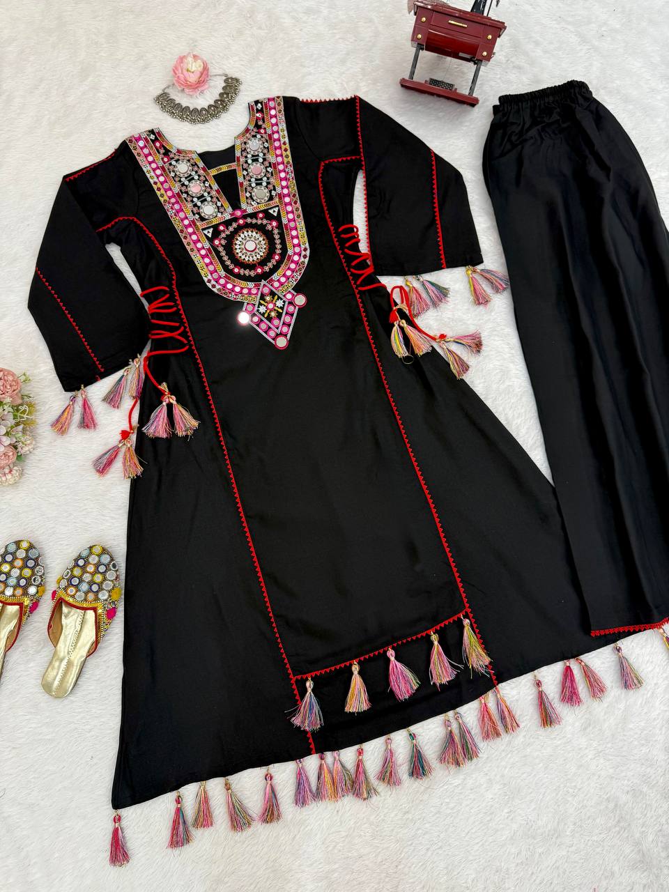 Elegant White Embroidered Kurta Palazzo Set with Tassel Details