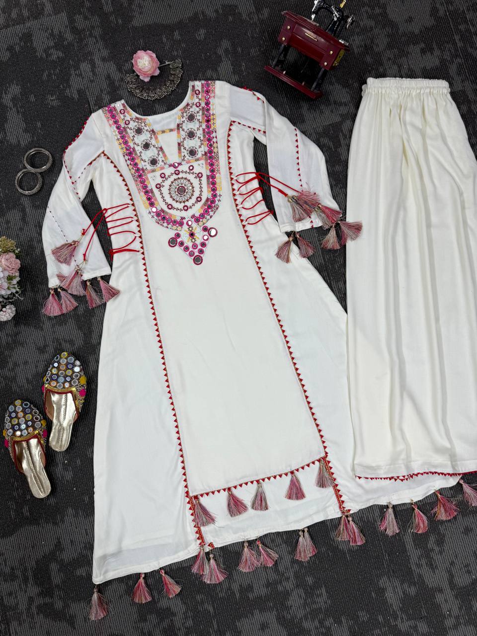 Elegant White Embroidered Kurta Palazzo Set with Tassel Details